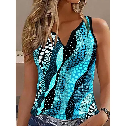 

Women's Tank Top Denim Blue White Pink Polka Dot Print Sleeveless Casual Basic V Neck Regular S