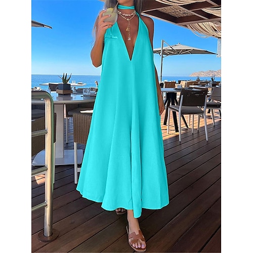 

Mujer vestido largo vestido largo Vestido informal Vestido de verano Vestido de cuello halter Plano Moda Básico Diario Festivos Vacaciones Frunce Sin Mangas Cuello halter Vestido Ajuste regular