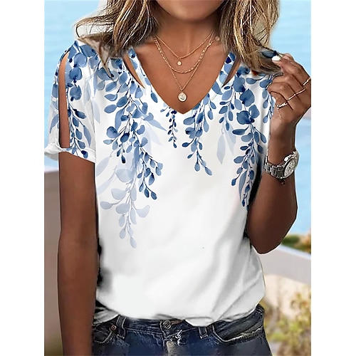 

Mujer Camiseta Blanco Rosa Azul Piscina Floral Cortado Estampado Manga Corta Festivos Fin de semana Básico Escote en Pico Regular Flor Pintura S