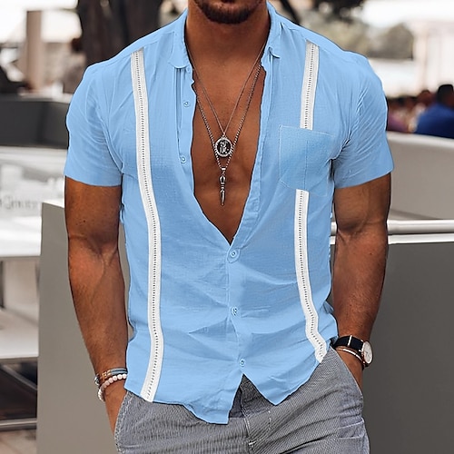 

Men's Shirt Guayabera Shirt Linen Shirt Summer Shirt Beach Shirt Black Blue Green Short Sleeve Color Block Lapel Summer Casual Daily Clothing Apparel Front Pocket