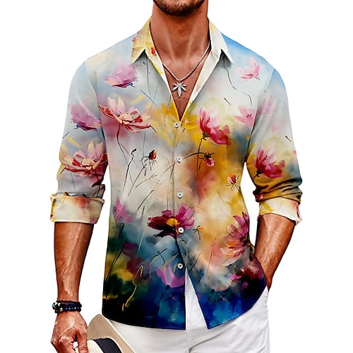 

Hombre Camisa Floral Estampados Cuello Vuelto Amarillo Azul Piscina Verde Trébol Gris Exterior Calle Manga Larga Estampado Ropa Moda Ropa de calle Design Casual