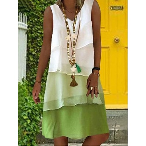 

Women's Casual Dress Tank Dress Summer Dress Midi Dress Patchwork Layered Daily Date Going out Fashion Streetwear Split Neck Sleeveless 2023 Slim Green Apricot Color S M L XL XXL Size