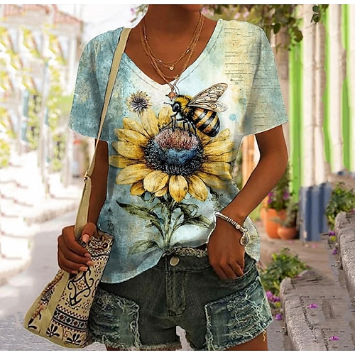 

T shirt Tee Femme Jaune Spot Multicouleur Imprimer Manche Courte Vacances Fin de semaine basique Col V Normal Standard Fleur Peinture S