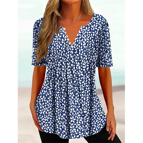 

Mulheres Camiseta Blusa Azul Floral Botão Imprimir Manga Curta Casual Feriado Básico Decote Redondo Padrão Tema Flores S