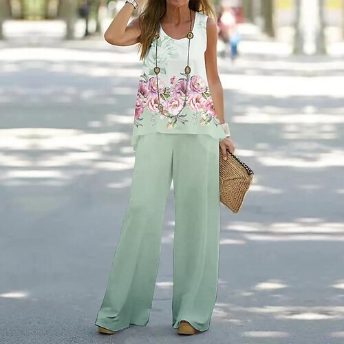

Mujer Camiseta sin mangas Conjuntos de pantalones Perneras anchas Pantalones Ropa de calle Rosa Morado Casual Festivos Floral Estampado Escote en U S M L XL 2XL