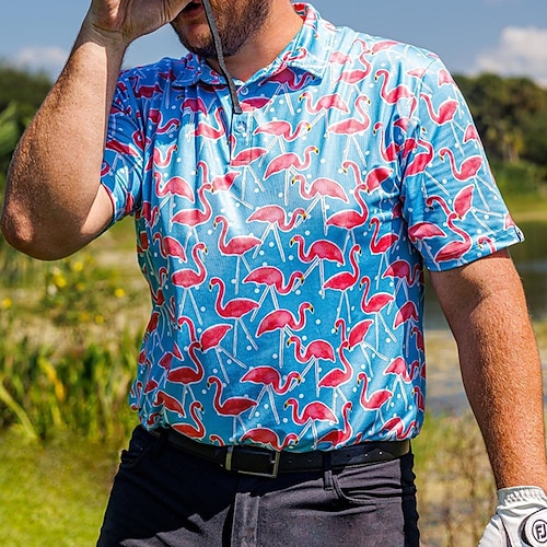 

Homens Camisa polo de caminhada Camisa de golfe Pólo de botões Respirável Secagem Rápida Pavio Humido Manga Curta Vestuário de golfe Roupas de golfe Normal Flamingo Estampado Verão Tênis Golfe