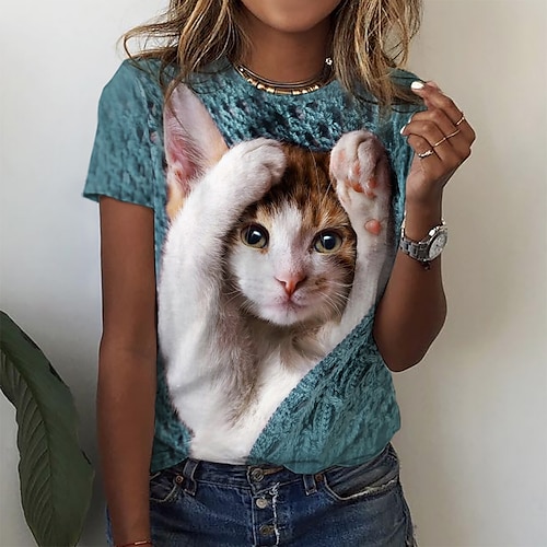 

T shirt Tee Femme Rose Claire Bleu Violet Chat 3D Imprimer Manche Courte du quotidien Fin de semaine basique Col Rond Normal Standard Chat 3D Peinture S