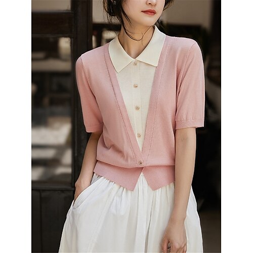 

Mujer Suéter de punto Puente Estriado Tejer Retazos Botón Color sólido Cuello Camisero Elegante Casual Diario Noche Verano Primavera Negro Rosa S M L