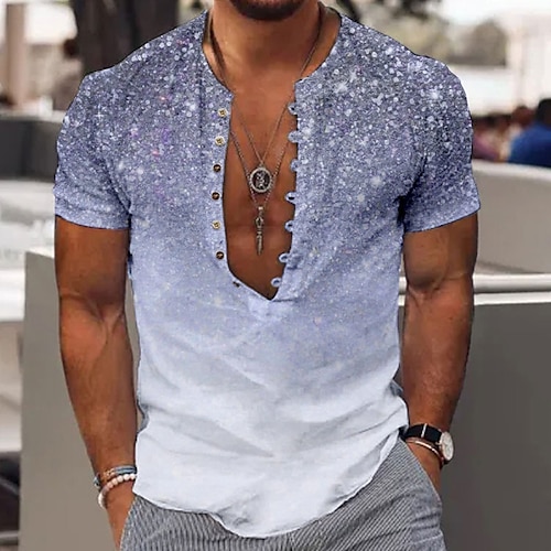 

Men's Shirt Linen Shirt Gradient Graphic Prints Collarless Pink Blue Gold Green Gray Outdoor Street Short Sleeve Print Clothing Apparel Linen Fashion Streetwear Designer Casual