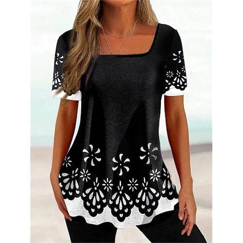

Mulheres Camiseta Blusa Preto Vinho Azul Gráfico Imprimir Manga Curta Casual Básico Decote Quadrado Padrão S