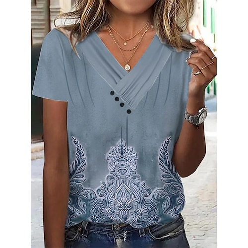 

Mulheres Camiseta Blusa Azul Verde Cinzento Gráfico Imprimir Manga Curta Casual Básico Decote V Padrão S