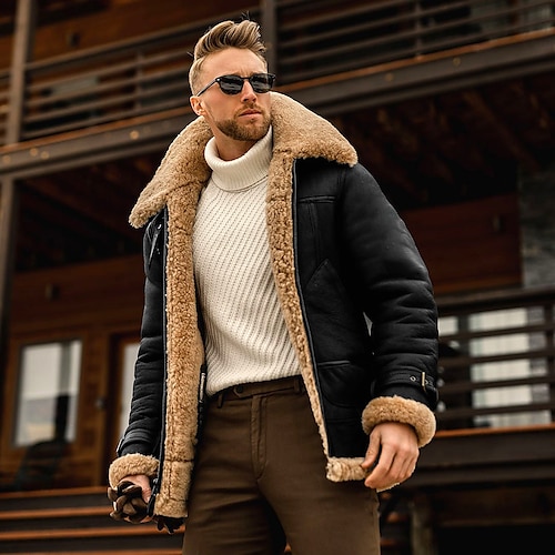 

Men's Shearling Coat Winter Jacket Business Causal Windproof Warm Winter Wine Red Black Brown Coffee Jacket