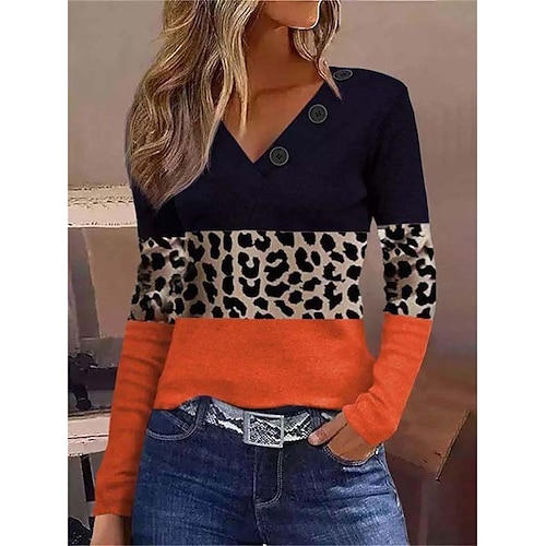 

Pull Maille Femme A côtes Tricoter Patchwork Bouton Léopard Col V mode Décontractées Extérieur du quotidien manche longue Eté Printemps Noir Blanche S M L