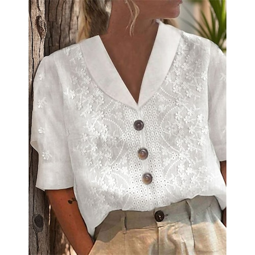 

Women's Shirt Blouse White Eyelet Tops White Floral Button Short Sleeve Casual Vintage Basic Elegant Shirt Collar Regular Fit