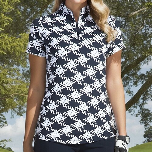 

Mulheres Camisa polo de caminhada Camisa de golfe Respirável Secagem Rápida Pavio Humido Manga Curta Vestuário de golfe Roupas de golfe Normal Zíper Colarinho Alto Geometria Verão Tênis Golfe