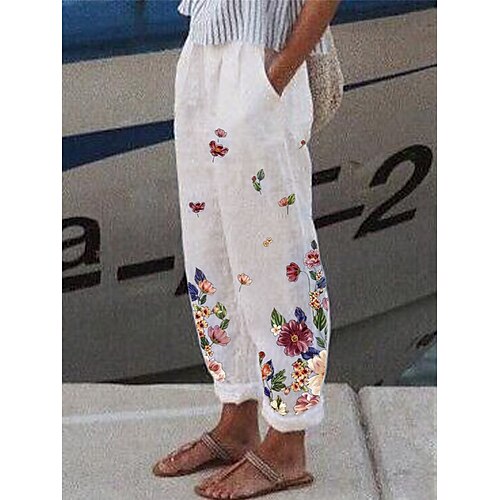 

Women's Linen Pants Capri shorts Cotton And Linen White Pink Red Mid Waist Streetwear Casual Comfort Vacation Casual Daily Weekend Pocket Print Micro-elastic Long Comfort Floral S M L XL 2XL