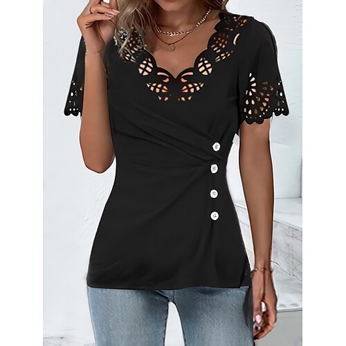 

Women's T shirt Tee Black Plain Lace Short Sleeve Daily Weekend Basic V Neck Regular S