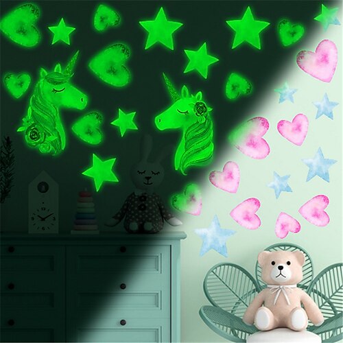 

Adesivos luminosos coloridos fluorescentes unicórnio coração azul verde luminosos adesivos de pvc para decoração de quarto infantil adesivos de parede 2030cm