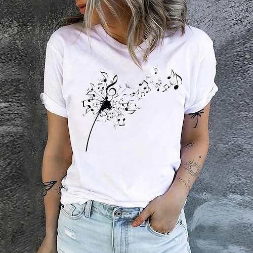 

Mulheres Camiseta Preto Branco Roxo dandelion Música Imprimir Manga Curta Feriado Final de semana Básico Decote Redondo Padrão Algodão Tema Flores Pintura S