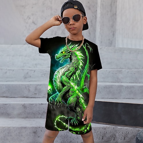 

2 Pieces Kids Boys T-shirt & Shorts T-shirtSet Clothing Set Outfit Graphic Animal Dragon Short Sleeve Crewneck Set Outdoor 3D prints Active Sports Fashion Summer Spring 3-13 Years Yellow Red Blue