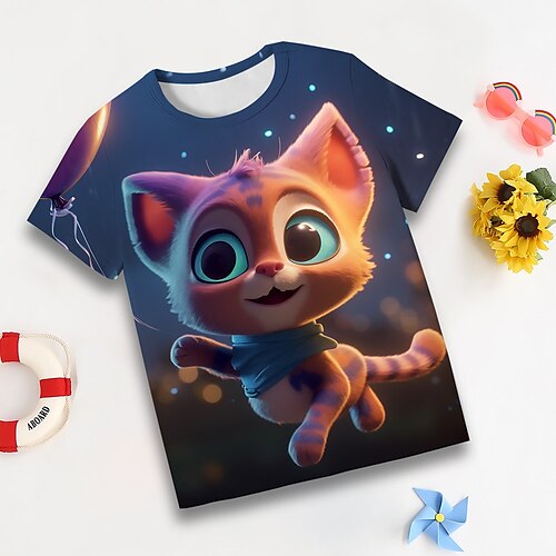 

Girls' T shirt Short Sleeve T shirt Tee Graphic Cartoon Cat 3D Print Active Fashion Cute Polyester Outdoor Casual Daily Kids Crewneck 3-12 Years 3D Printed Graphic Regular Fit Shirt