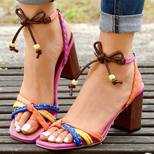 

Women's Sandals Plus Size Daily Chunky Heel Open Toe Fashion Vintage Leather Ankle Strap Color Block Red Beige