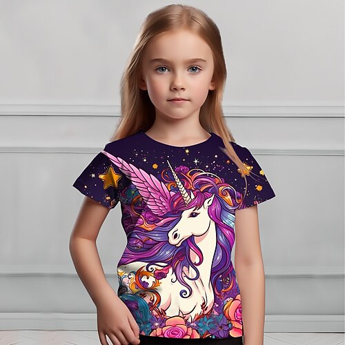 

Girls' T shirt Short Sleeve T shirt Tee Graphic Cartoon Unicorn 3D Print Active Fashion Cute Polyester Outdoor Casual Daily Kids Crewneck 3-12 Years 3D Printed Graphic Regular Fit Shirt