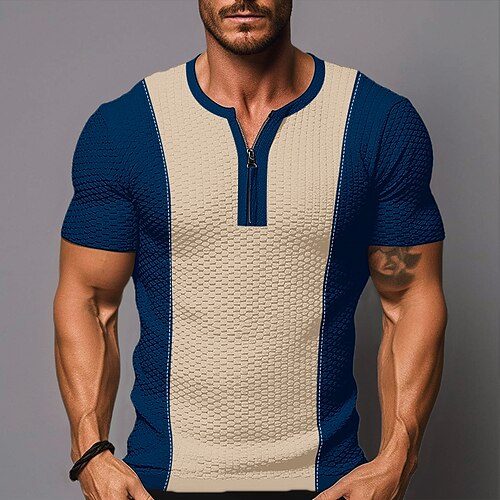 

Herren T Shirt Waffel-Shirt T-Shirt Farbblock V Ausschnitt Strasse Urlaub Kurze Ärmel Reißverschluss vorne Bekleidung Modisch Designer Basic
