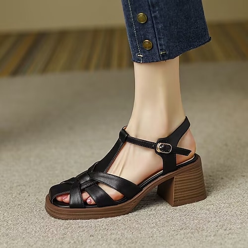 

Damen Sandalen Komfort Schuhe Täglich Blockabsatz Offene Spitze Modisch Vintage Leder Knöchelriemen Feste Farbe Schwarz Braun