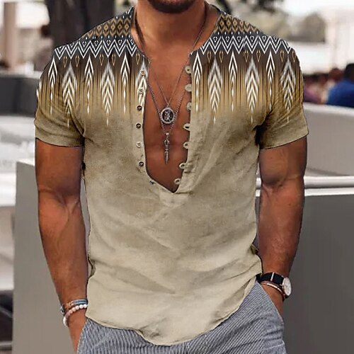 

Homme Chemise Chemise Lin Tribal Imprimés Photos Rétro Vintage Géométrie Sans col Bleu Vert Kaki Gris Extérieur Plein Air Manche Courte Imprimer Vêtement Tenue Lin Mode Vêtement de rue Design