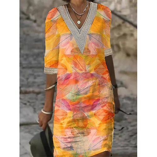 

Women's Casual Dress Shift Dress Summer Dress Leaf Patchwork Print V Neck Midi Dress Fashion Streetwear Outdoor Street Half Sleeve Loose Fit Orange Summer Spring S M L XL XXL