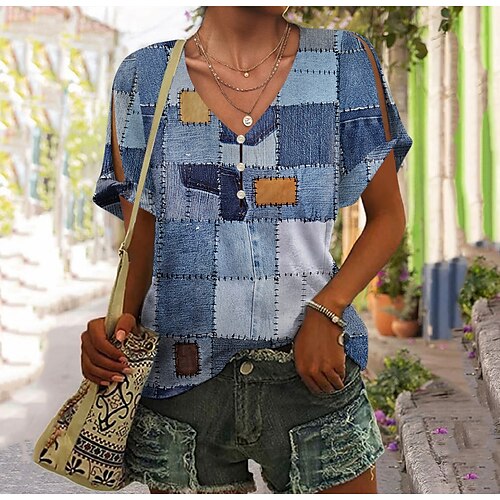 

T shirt Tee Femme Rose Claire Bleu Violet Plaid Bouton Découpé Manche Courte du quotidien Fin de semaine basique Col V Normal Standard Peinture S
