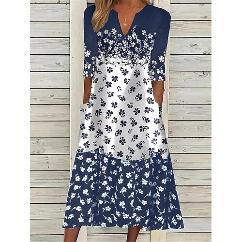 

Women's Casual Dress Summer Dress Print Dress Floral Pocket Print Split Neck Midi Dress Active Fashion Outdoor Daily 3/4 Length Sleeve Loose Fit Black Wine Blue Summer Spring S M L XL XXL