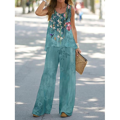 

Mulheres Pequeno Conjuntos 2 Peças Flor Casual Conforto Rua Diário Poliéster Respirável Gola Redonda Sem Manga Calça Verão Primavera Azul Céu Verde