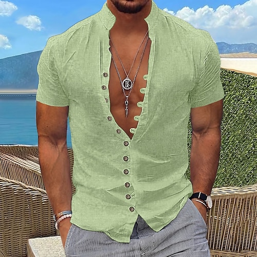 

Homens Camisa Social camisa de botão Camisa casual camisa de verão camisa de praia Preto Branco Azul Verde Caqui Manga Curta Tecido Faixa Diário Férias Roupa Moda Casual Confortável