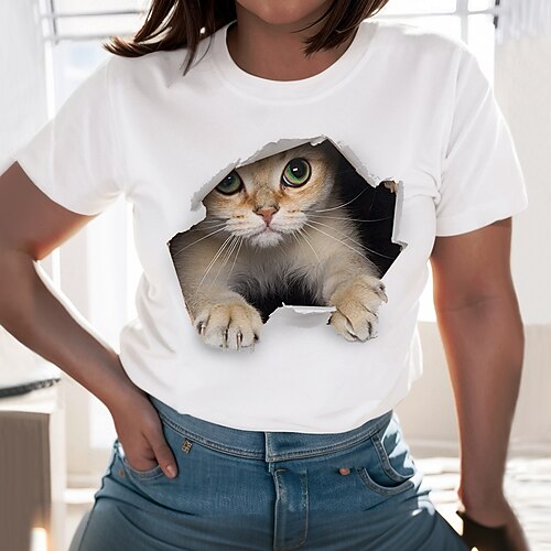 

Mujer Camiseta Camiseta divertida Negro Blanco Graphic Gato Estampado Manga Corta Casual Diario Básico Escote Redondo Regular 100% Algodón Gato 3D Talla Grande L
