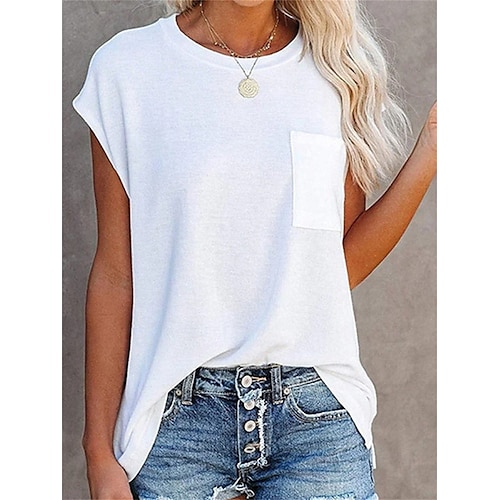 

Women's Tank Top White Gray Plain Pocket Sleeveless Casual Basic Round Neck Regular S