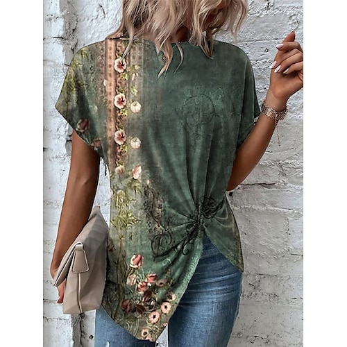 

Mulheres Camisa Social Blusa Vermelho Verde Gráfico Floral Imprimir Manga Curta Casual Feriado Básico Decote Redondo Padrão Tema Flores S