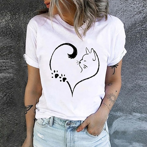 

T shirt Tee Femme Noir Blanche Vert Claire Chat Cœur Imprimer Manche Courte Valentin Fin de semaine basique Col Rond Normal Standard Peinture S