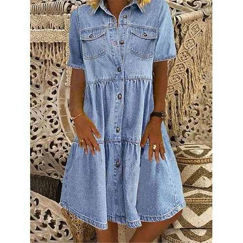 

Robe casual Robe chemise en jean Femme Robe mi-longue Jean Mode Moderne Extérieur du quotidien Vacances Col de Chemise Bouton Poche Manche Courte Eté Printemps 2023 Standard Noir bleu marine Bleu