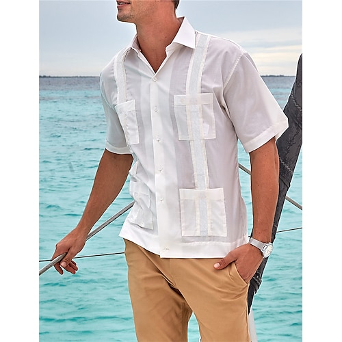 

Hombre Camisa Camisa Guayabera camisa de lino Abotonar la camisa Camisa casual Camisa de verano Negro Blanco Beige Manga Corta Patrones de Rombo Diseño Verano Casual Diario Ropa Bolsillo delantero