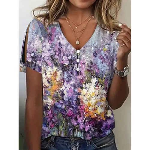 

Women's T shirt Tee Yellow Blue Purple Floral Button Cut Out Short Sleeve Holiday Weekend Basic V Neck Regular Floral Painting S