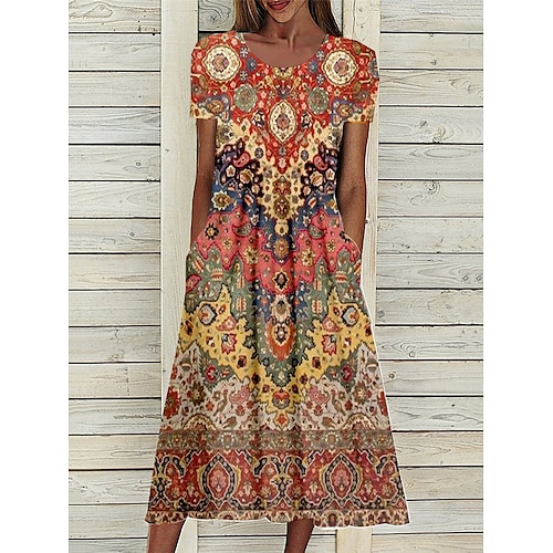 

Mulheres Vestido casual vestido étnico Vestido de verão Floral Tribal Bolsos Imprimir Gola Redonda Vestido midi Vintage Étnico Ao ar livre Diário Manga Curta Ajuste Largo Amarelo Rosa Vinho Verão