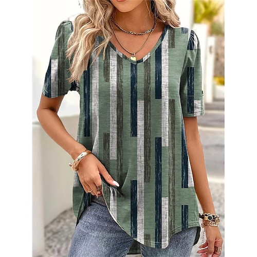 

Damen T Shirt Grün Gestreift Bedruckt Kurzarm Täglich Wochenende Basic V Ausschnitt Standard Geometrisch Farbe S