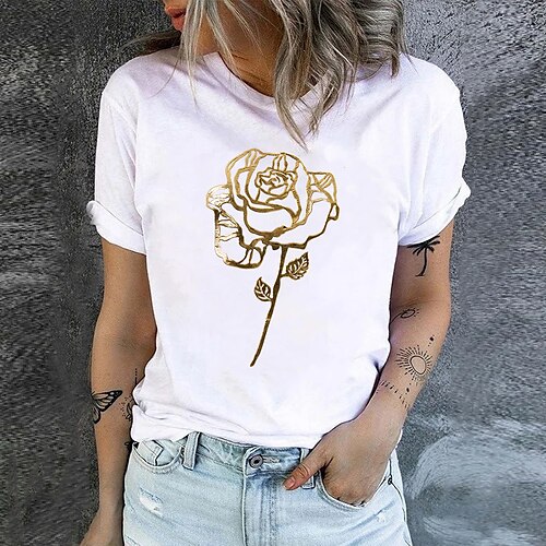 

Women's T shirt Tee Black White Purple Rose Print Short Sleeve Holiday Weekend Basic Round Neck Regular Cotton Floral Painting S