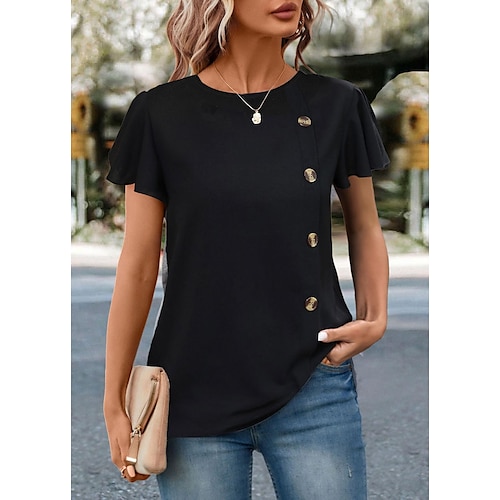 

Mulheres Camiseta Blusa Preto Rosa Vermelho Tecido Botão Manga Curta Casual Básico Decote Redondo Padrão S