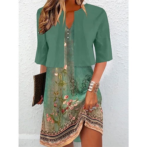 

Women's Two Piece Dress Set Casual Dress Print Dress Outdoor Daily Fashion Streetwear Print Midi Dress V Neck Half Sleeve Floral Regular Fit Green Summer Spring S M L XL XXL