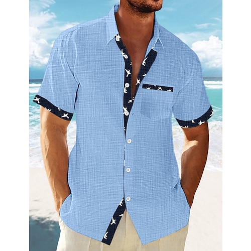 

Men's Linen Shirt Summer Shirt Beach Shirt White Blue Green Short Sleeve Striped Lapel Spring & Summer Hawaiian Holiday Clothing Apparel Basic
