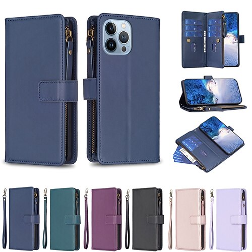 

telefone Capinha Para Apple Capa para Cartão Wallet iPhone 14 Pro Max Plus 13 12 11 X XR XS 8 7 Zíper com pulseira Slots de suporte de cartão Cor Sólida TPU Couro PU