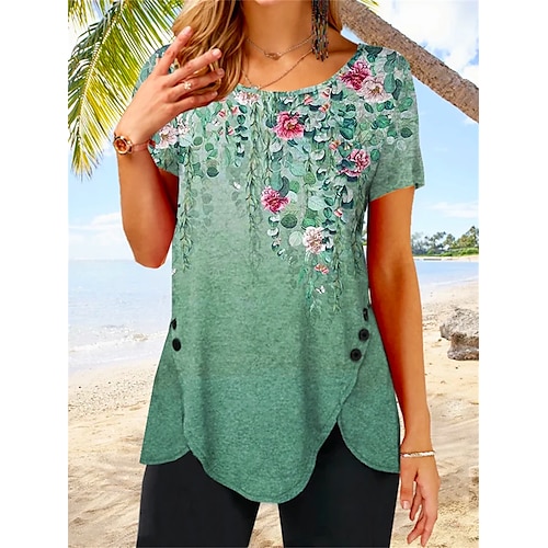 

Mulheres Camiseta Verde Floral Imprimir Manga Curta Feriado Final de semana Básico Decote Redondo Padrão Tema Flores Pintura S